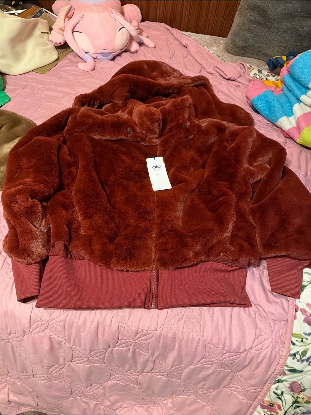 ALO Yoga Plush Faux-Fur Bomber Jacket — Deep Rust
